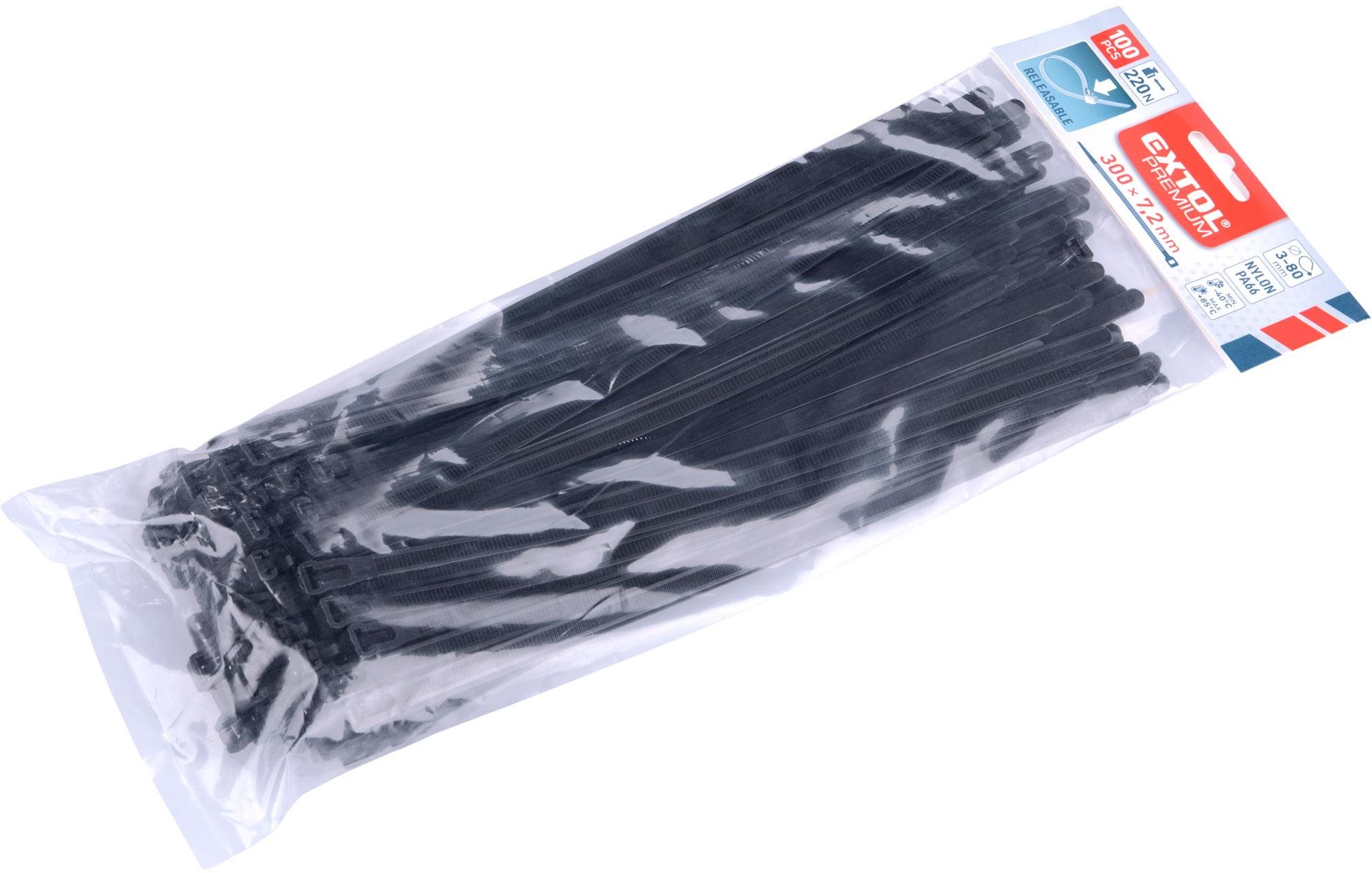 EXTOL PREMIUM pásky sťahovacie čierne, rozpojiteľné, 300 × 7,2 mm, 100 ks, nylon PA66, 8856258