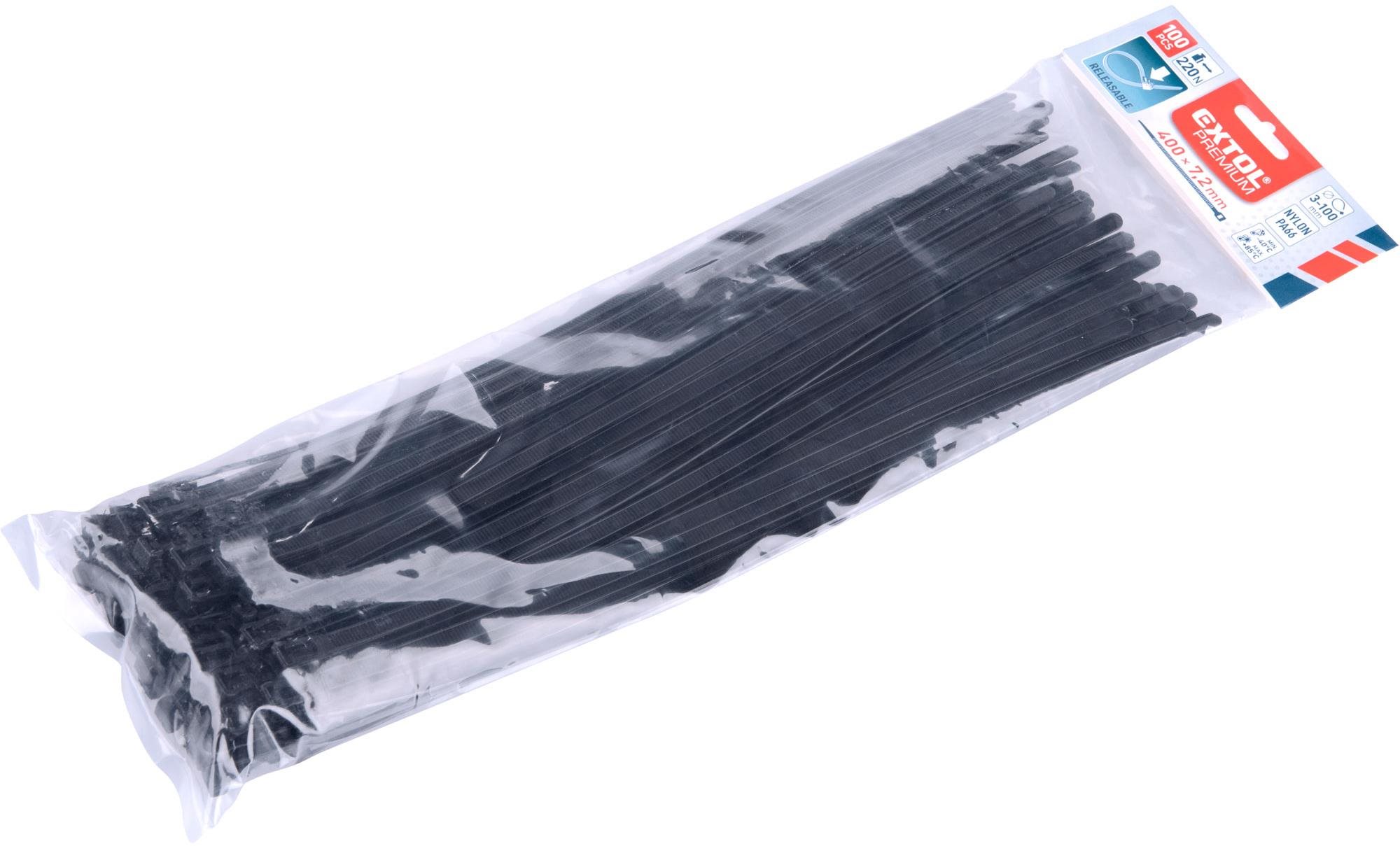 EXTOL PREMIUM pásky sťahovacie čierne, rozpojiteľné, 400 × 7,2 mm, 100 ks, nylon PA66, 8856261