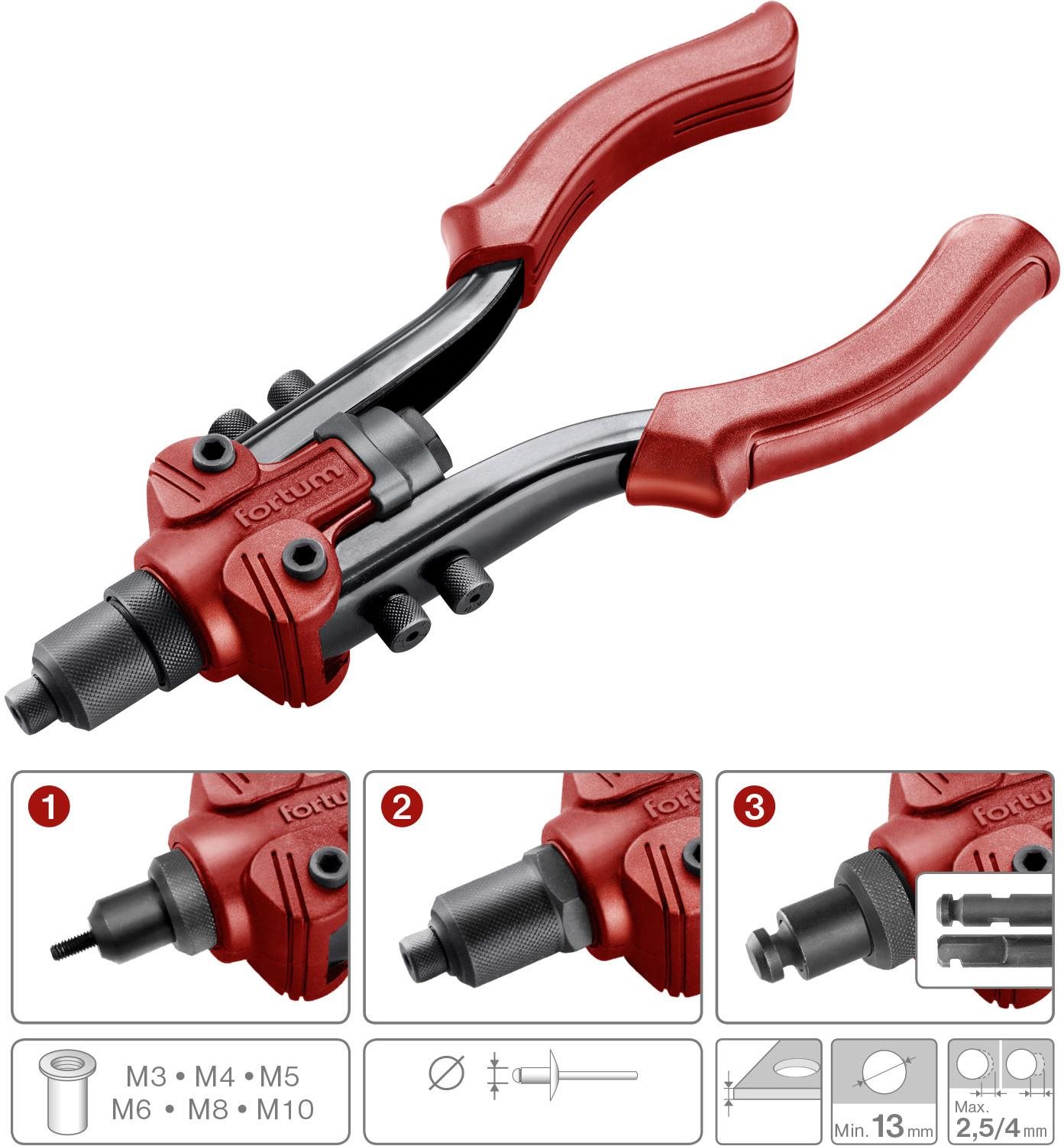FORTUM kliešte nitovacie pákové COMBO, pre nit. matice M3 – M10 a trhacie nity 2,4 – 6,4 mm, 4770638