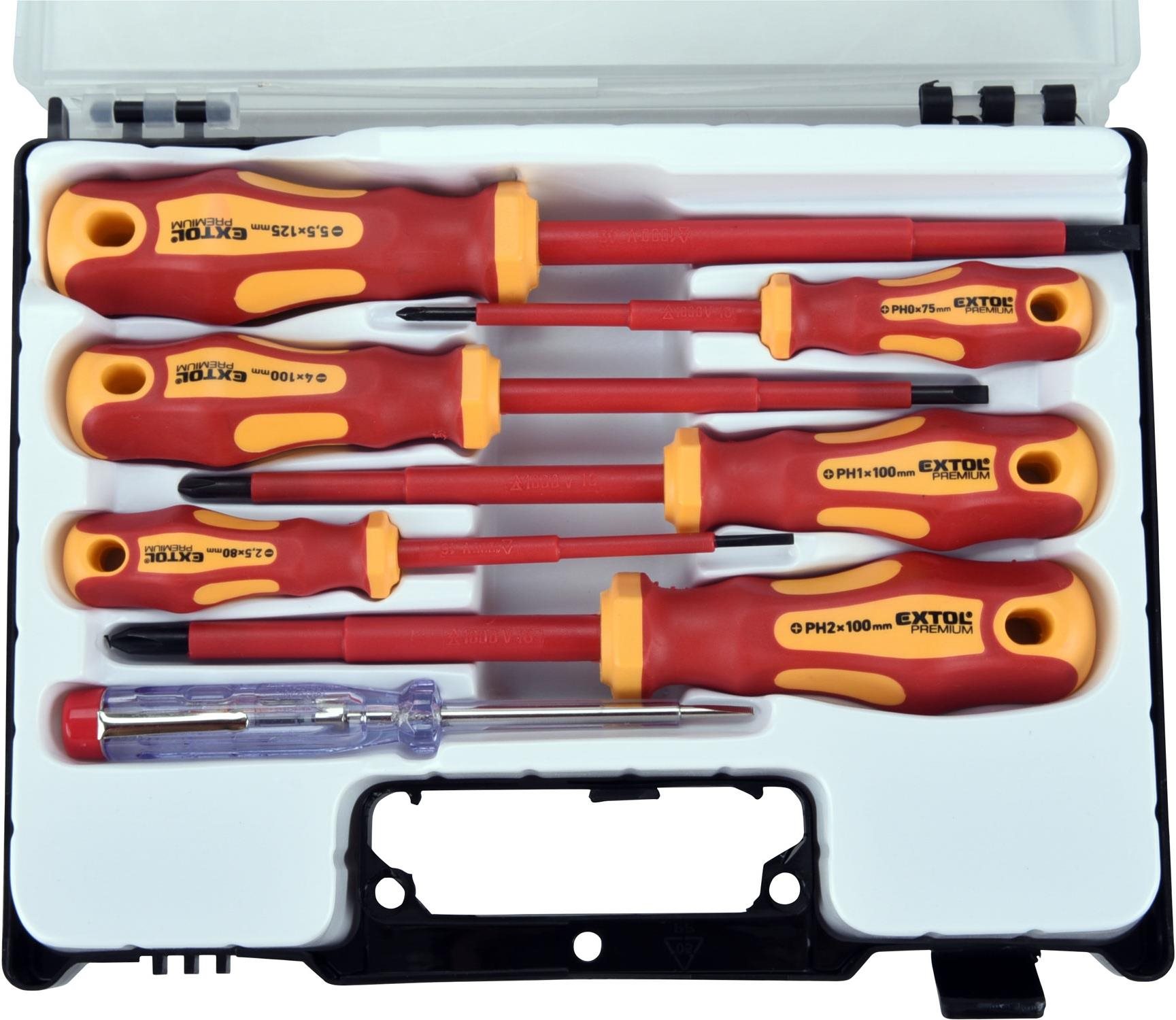 EXTOL PREMIUM skrutkovače elektrikárske so skúšačkou, sada 7 ks, 3×(-), 3×(PH), CrV, 53087