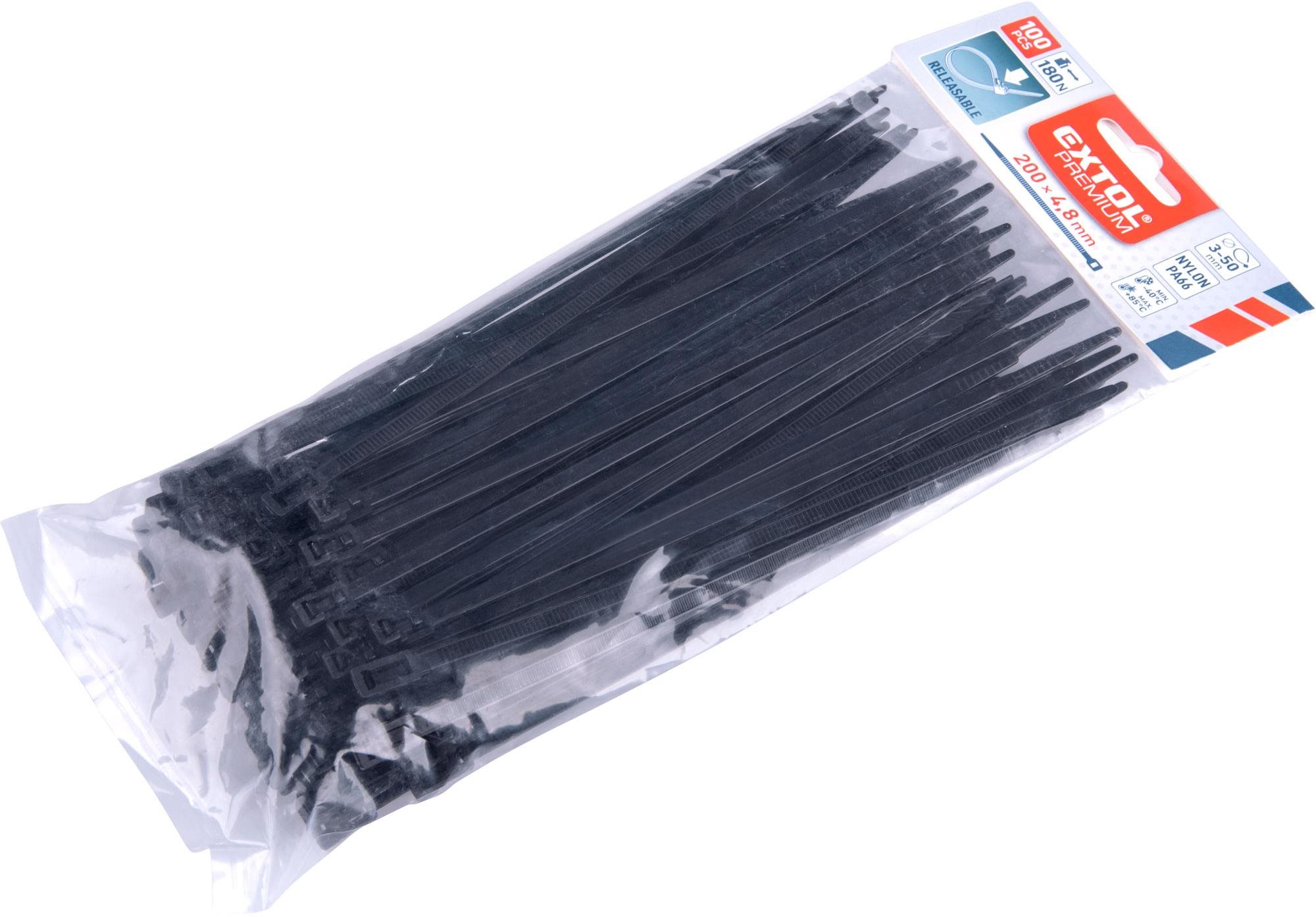 EXTOL PREMIUM pásky sťahovacie čierne, rozpojiteľné, 200 × 4,8 mm, 100 ks, nylon PA66, 8856254