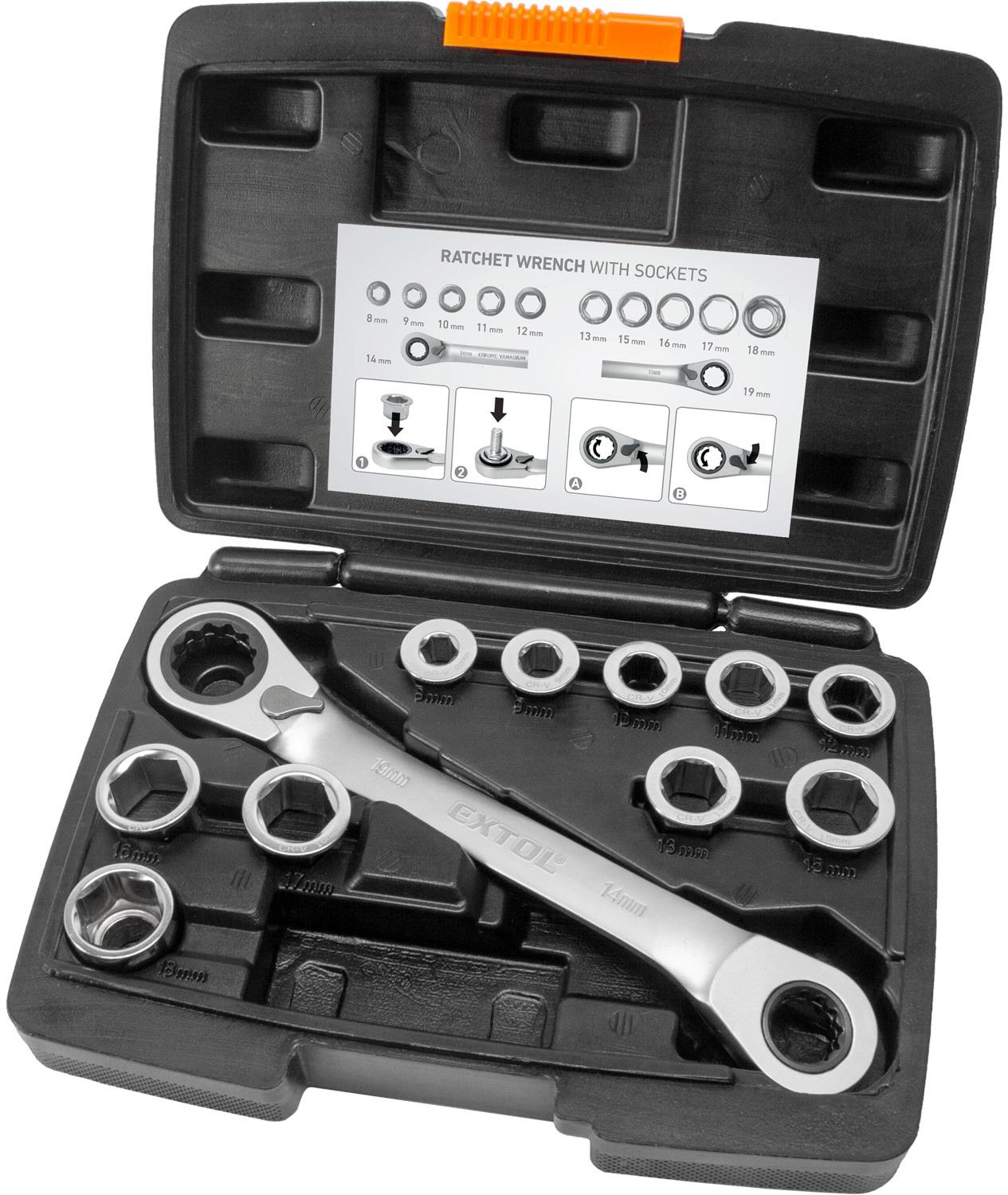 EXTOL PREMIUM kľúč račňový tvarovaný a vložky, sada 11ks, 8 – 19 mm, CrV, 8816101