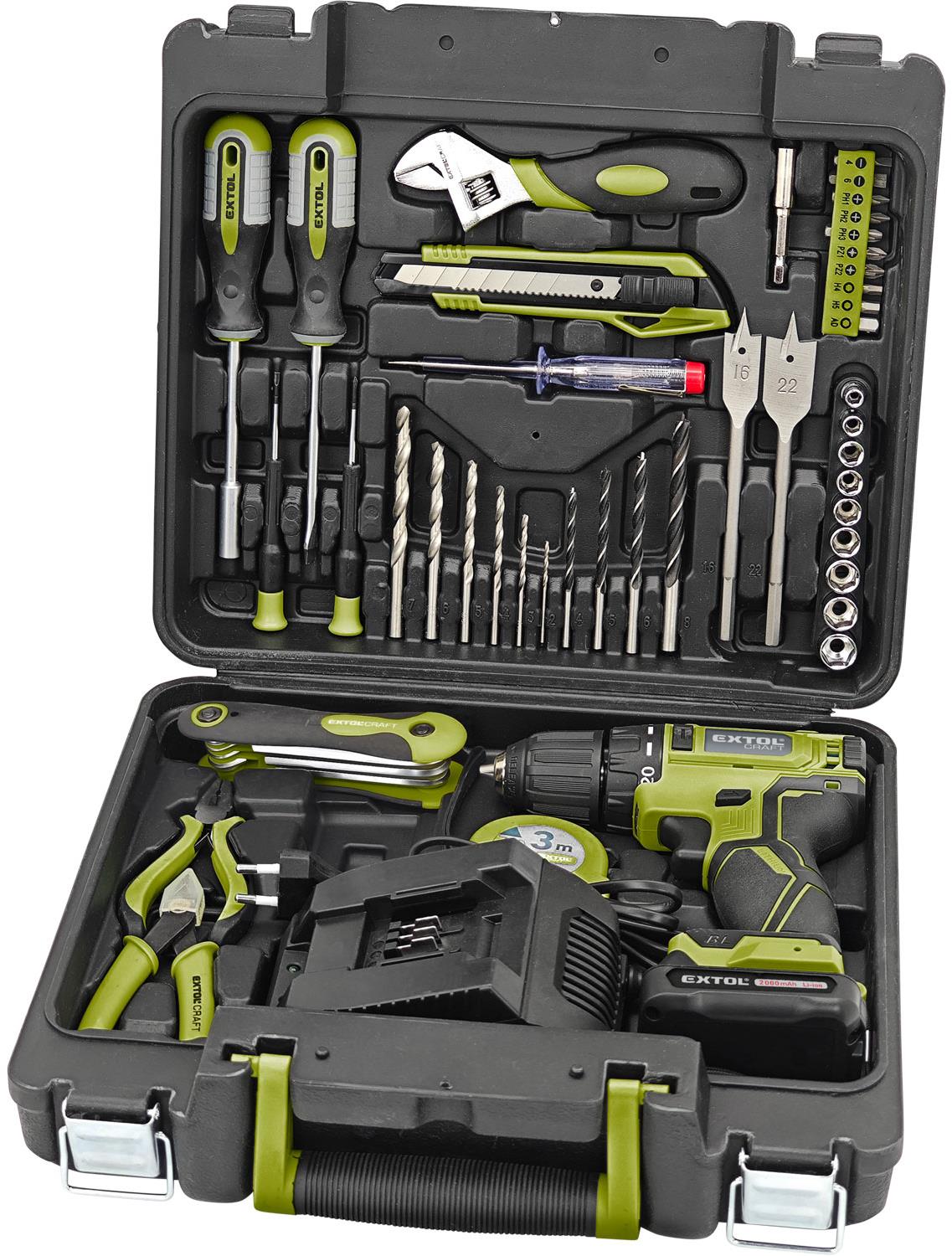 EXTOL CRAFT vŕtací skrutkovač aku, BRUSHLESS, 12 V Li-Ion s náradím, súprava 46 ks, 422801