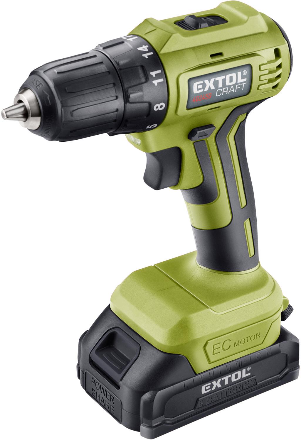 EXTOL CRAFT vŕtací skrutkovač aku, BRUSHLESS, 20V Li-ion, 2× 2 Ah, 402450