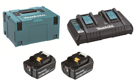 MAKITA – Súprava Li-ion LXT 18 V 2× akumulátor 5,0 Ah BL1850B + nabíjačka dvojnásobná DC18RD + Makpac