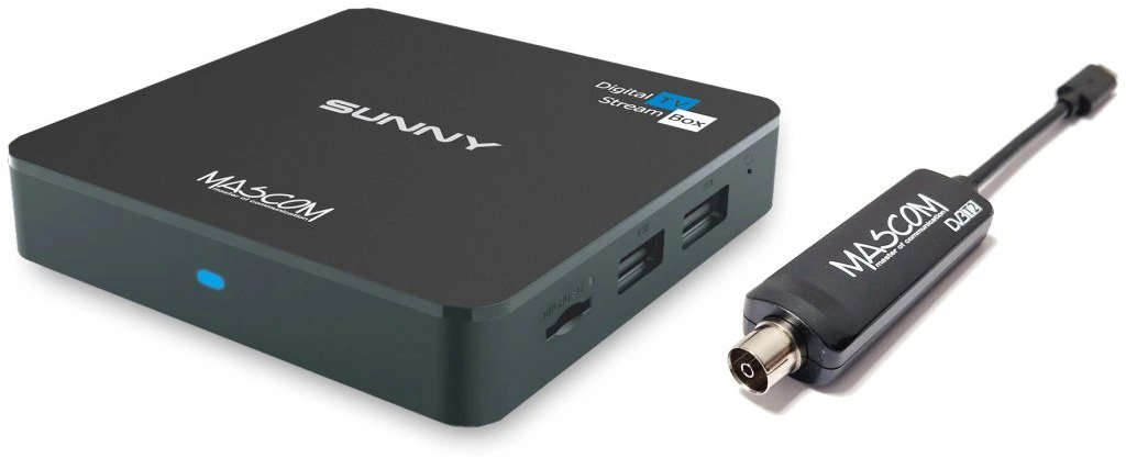 Mascom Sunny-T Android TV box s DVB-T2 tunerom, 4K HDR, WiFi, BT, Oneplay, Netflix
