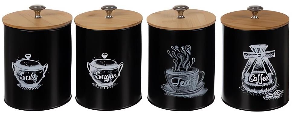 Ruhhy 24578 Súprava kuchynských nádob na kávu, čaj, soľ a cukor, 4 ks, čierna