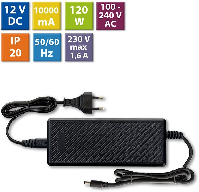 McLED Napájací adaptér 120 W, DC12 V/10 A, IP20, čierny plast, s vidlicou