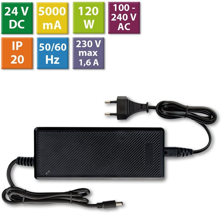 McLED Napájací adaptér 120 W, DC 24 V/5 A, IP20, čierny plast, s vidlicou
