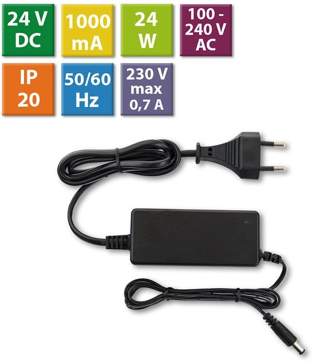 McLED Napájací adaptér 24 W, DC24 V/1 A, IP20, čierny plast, s vidlicou