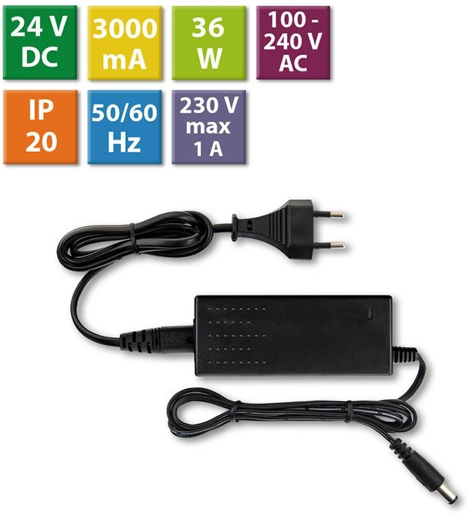 McLED Napájací adaptér 36 W, DC24 V/1,5 A, IP20, čierny plast, s vidlicou