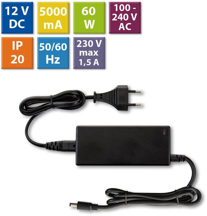 McLED Napájací adaptér 60 W, DC 12 V/5 A, IP20, čierny plast, s vidlicou