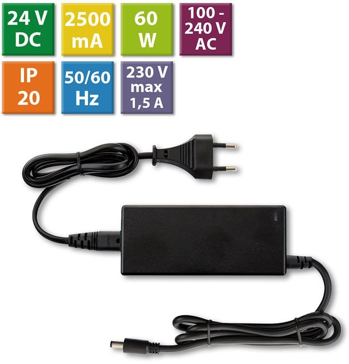 McLED Napájací adaptér 60 W, DC24 V/2,5 A, IP20, čierny plast, s vidlicou