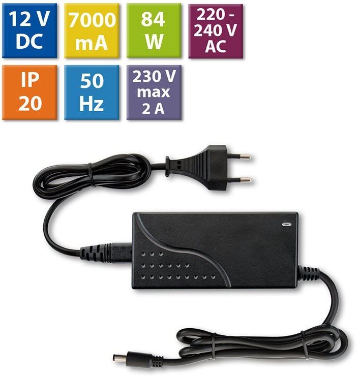 McLED Napájací adaptér 84 W, DC12 V/7 A, IP20, čierny plast, s vidlicou