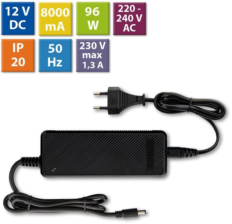 McLED Napájací adaptér 96 W, DC 12 V/8 A, IP20, čierny plast, s vidlicou