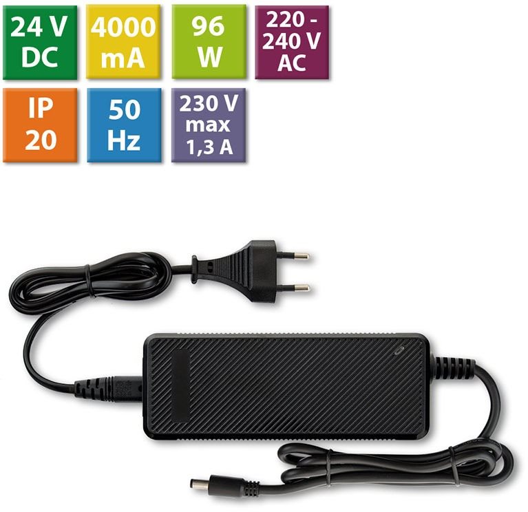 McLED Napájací adaptér 96 W, DC 24 V/4 A, IP20, čierny plast, s vidlicou