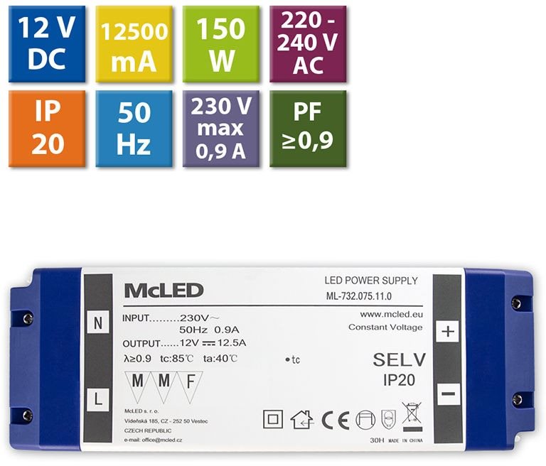 McLED Napájací zdroj 150 W, DC12 V/12,5 A, IP20, plastové vyhotovenie so svorkovnicou
