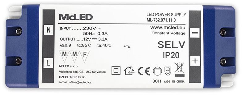 McLED Napájací zdroj 40 W, DC 12 V/3,3 A, IP20, plastové vyhotovenie so svorkovnicou