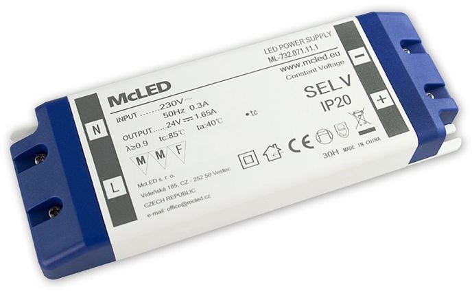 McLED Napájací zdroj 40 W, DC 24 V/1,65 A, IP20, plastové vyhotovenie so svorkovnicou