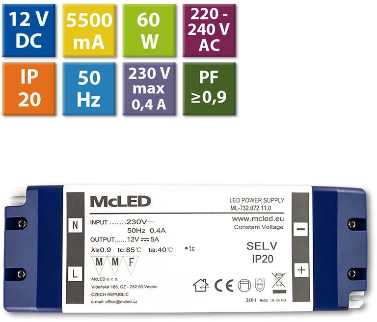 McLED Napájací zdroj 60 W, DC12 V/5 A, IP20, plastové vyhotovenie so svorkovnicou