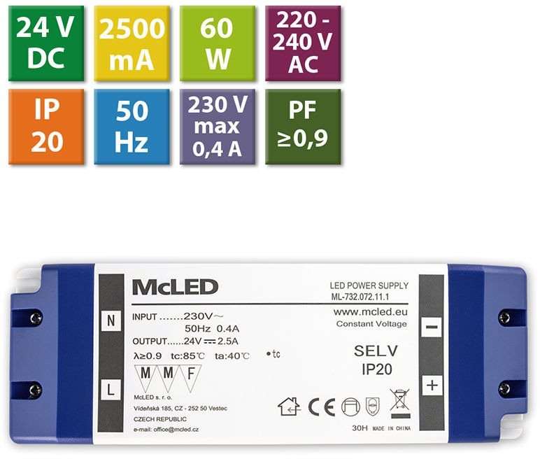 McLED Napájací zdroj 60W, DC24V/2,5A, IP20, plastové vyhotovenie so svorkovnicou