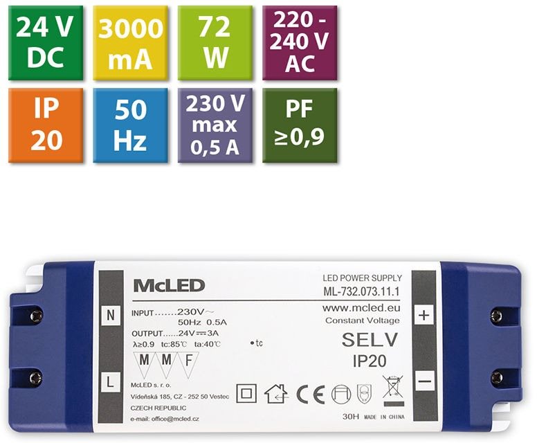 McLED Napájací zdroj 72 W, DC24 V/3 A, IP20, plastové vyhotovenie so svorkovnicou