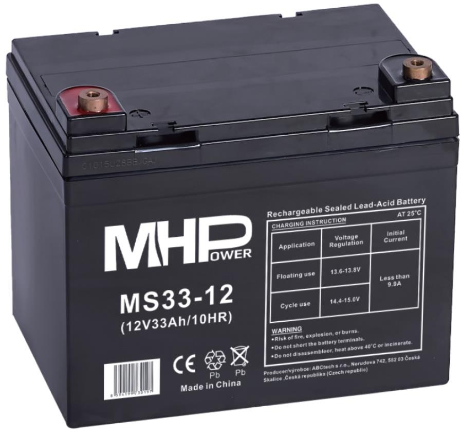 MHPower olovený akumulátor AGM 12 V/33 Ah, Terminál L2 – 6,4, MS33-12