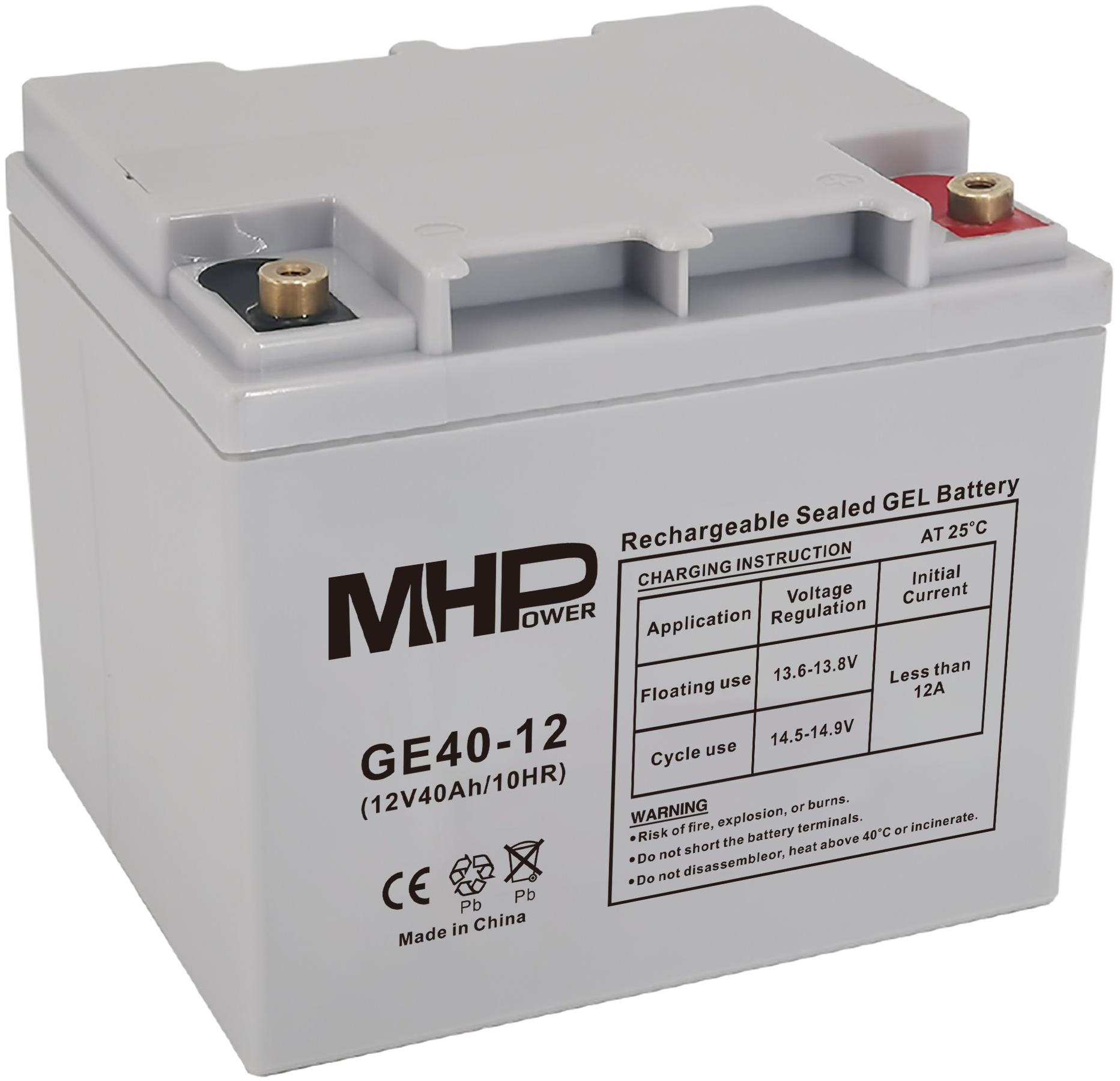 MHPower GE40-12 Gélový akumulátor 12 V/40 Ah, Terminál T1 – M6, Deep Cycle; GE40-12