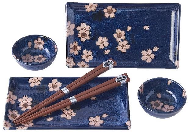 Made In Japan Sushi Sada Navy & Pink Sakura Design 6 ks