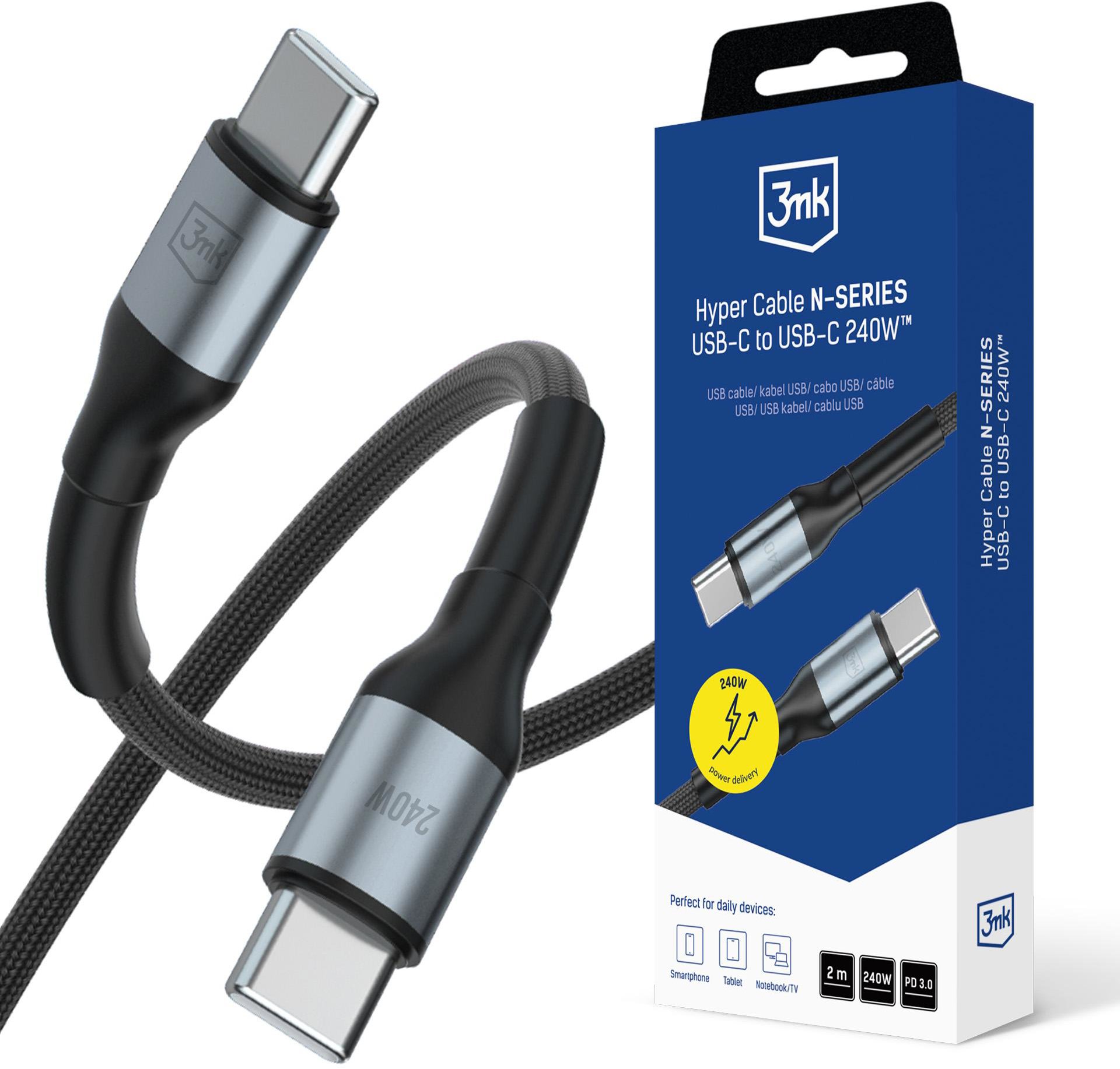3MK Hyper Cable N-SERIES USB-C/USB-C, Power Delivery, QC 3.0, 240 W, 2 m čierny
