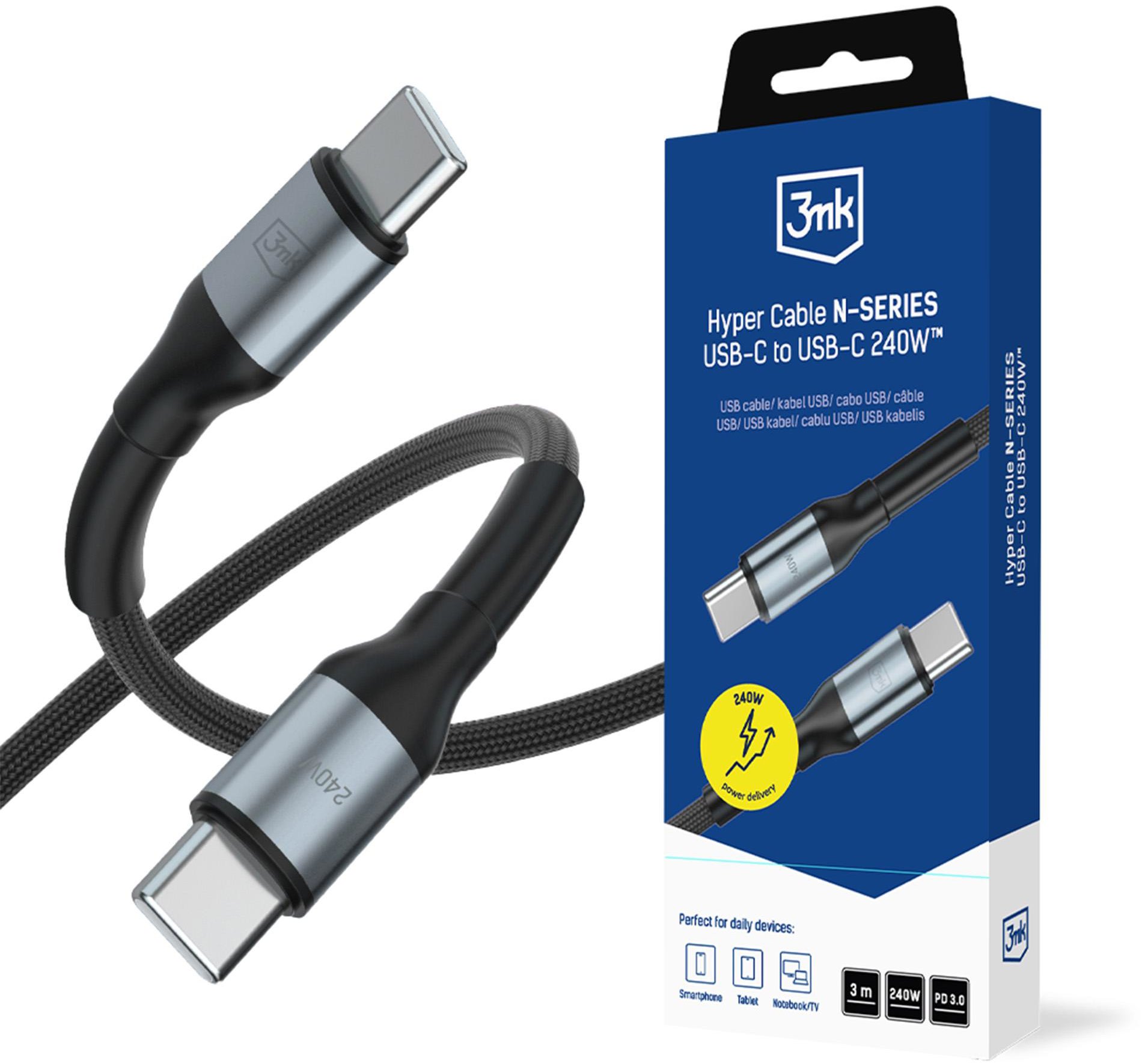 3MK Hyper Cable N-SERIES USB-C/USB-C, Power Delivery, QC 3.0, 240 W, 3 m čierny