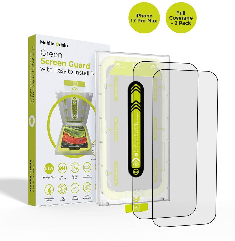 Mobile Origin Screen Guard With Easy Applicator Full Coverage 2 Pack iPhone 17 Pro Max
