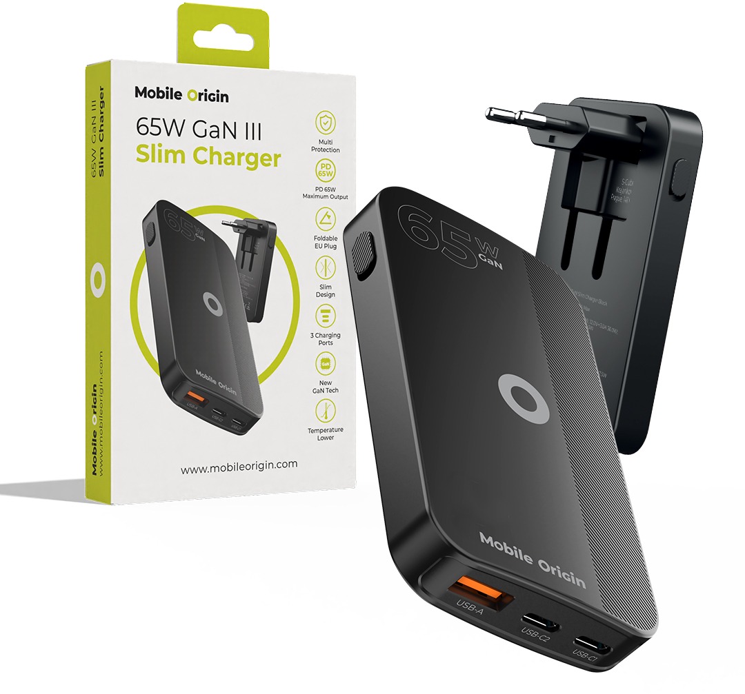 Mobile Origin 65W GaN III Slim Charger dual USB-C Single USB-A Black