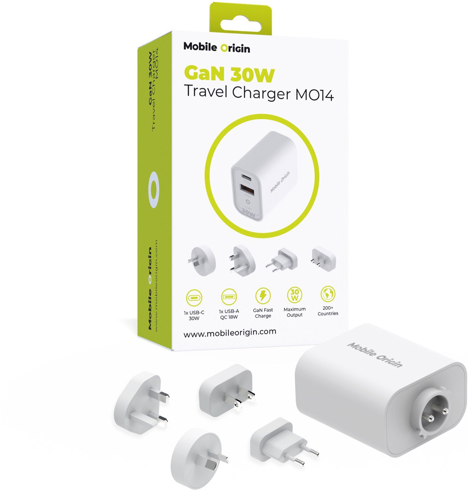 Mobile Origin GaN 30 W Travel Charger MO14, EU, USA, UK, AUS
