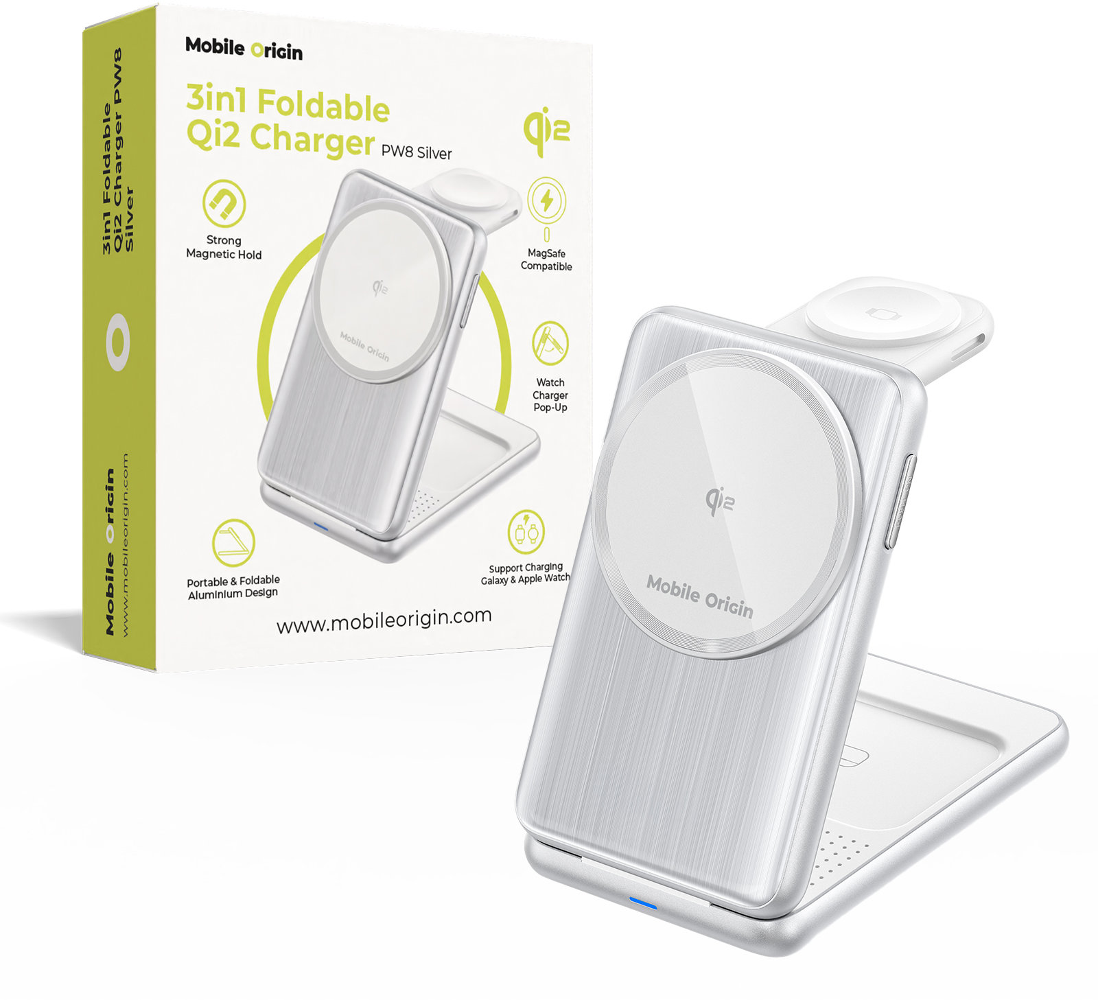 Mobile Origin 3 in 1 Foldable Qi2 Charger PW8 Silver