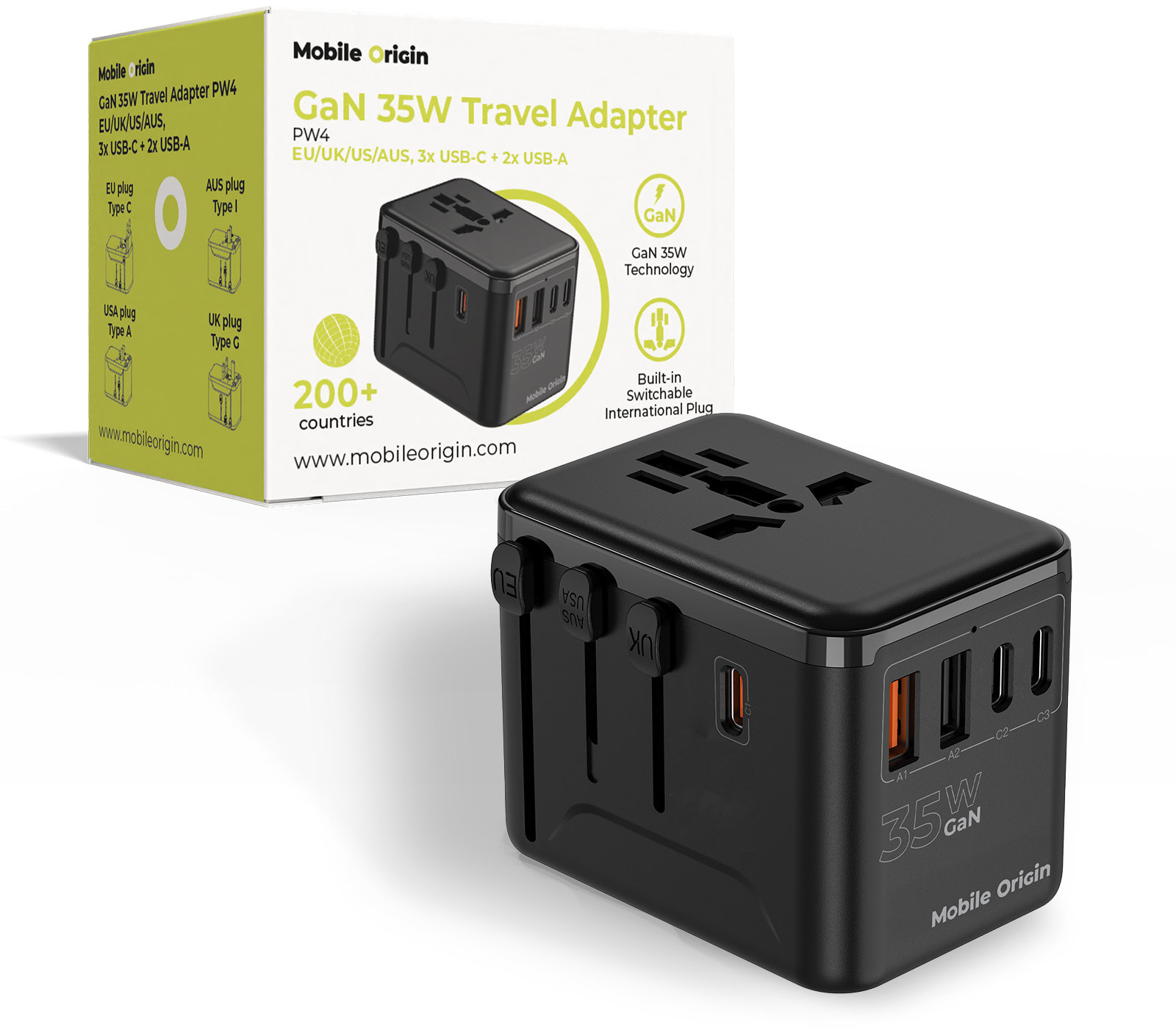 Mobile Origin GaN 35 W Travel Adapter PW4 EU/UK/US/AUS 3× USB-C + 2× USB-A