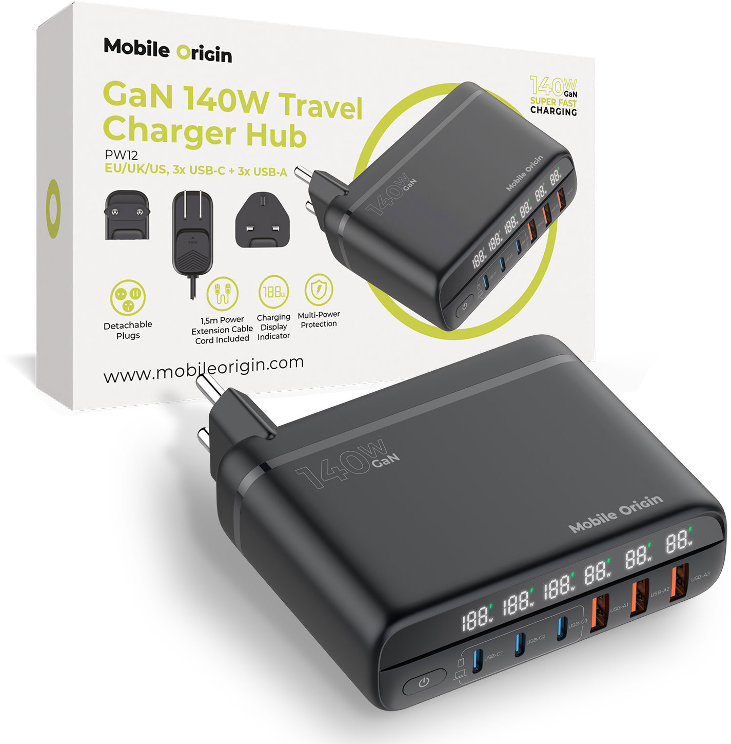 Mobile Origin GaN 140 W Travel Charger Hub PW12 EU/UK/US 3× USB-C + 3× USB-A