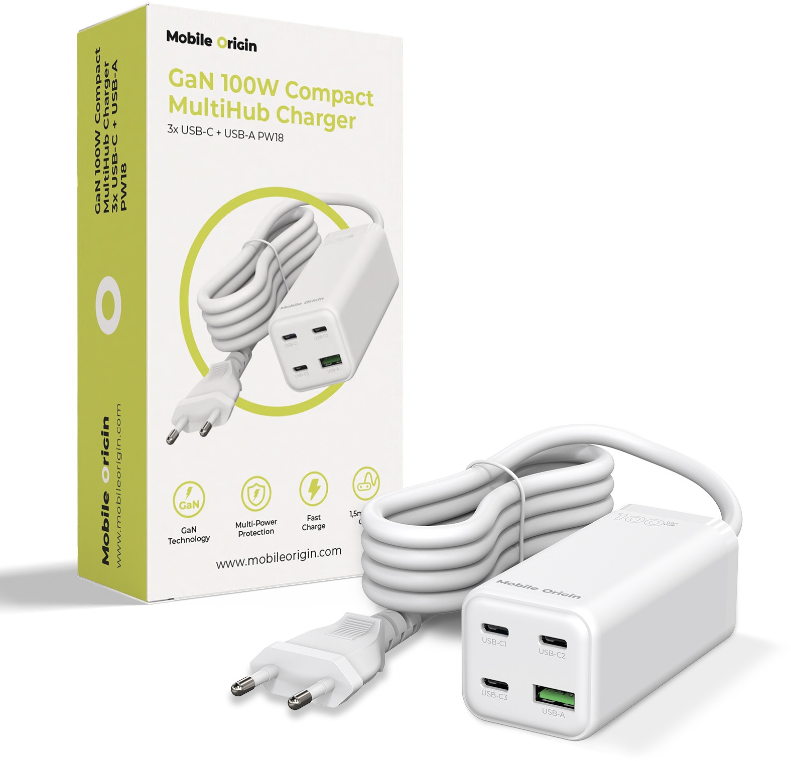 Mobile Origin GaN 100 W Compact MultiHub Charger PW18 s 3× USB-C + USB-A