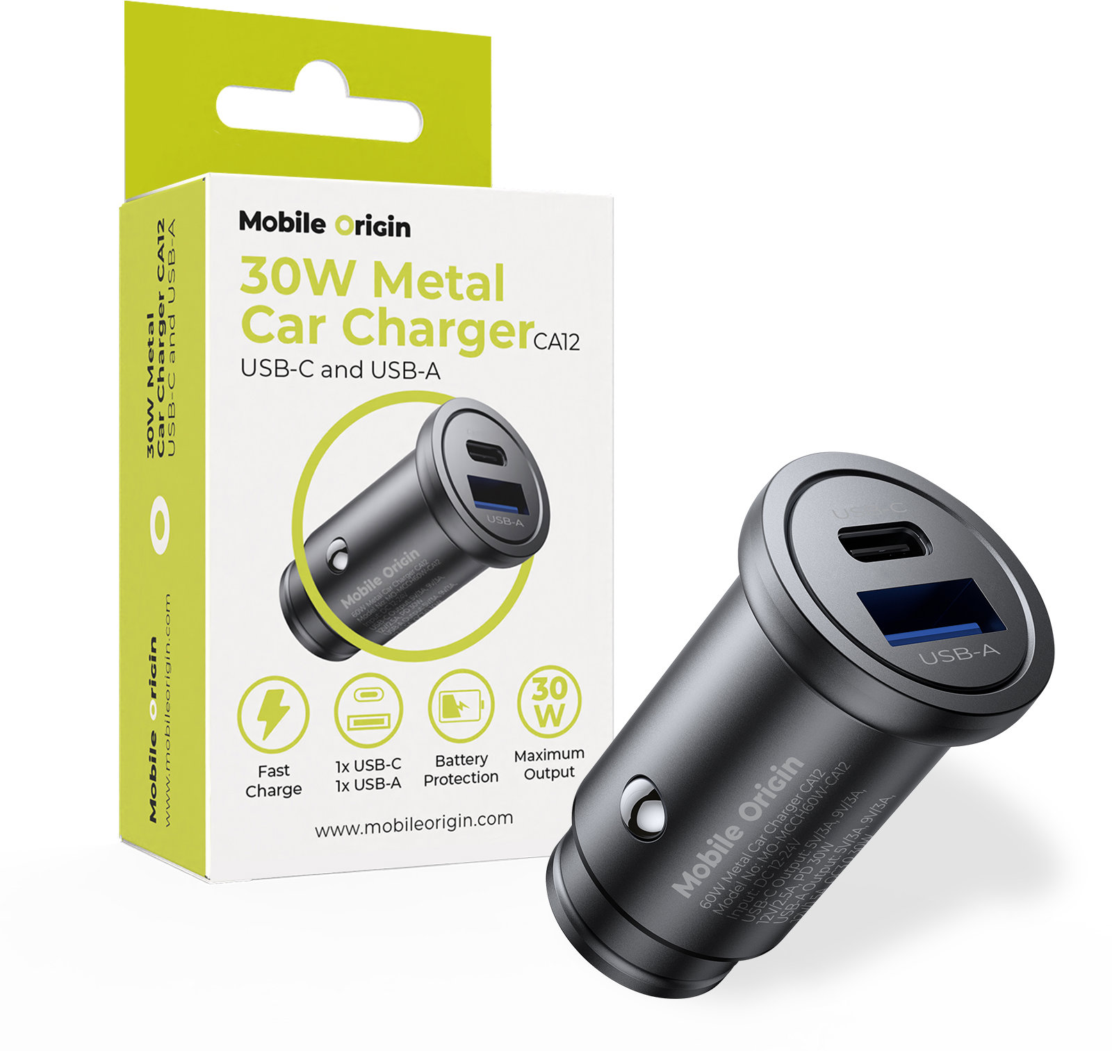 Mobile Origin Metal Car Charger 30 W, CA12 USB-C USB-A