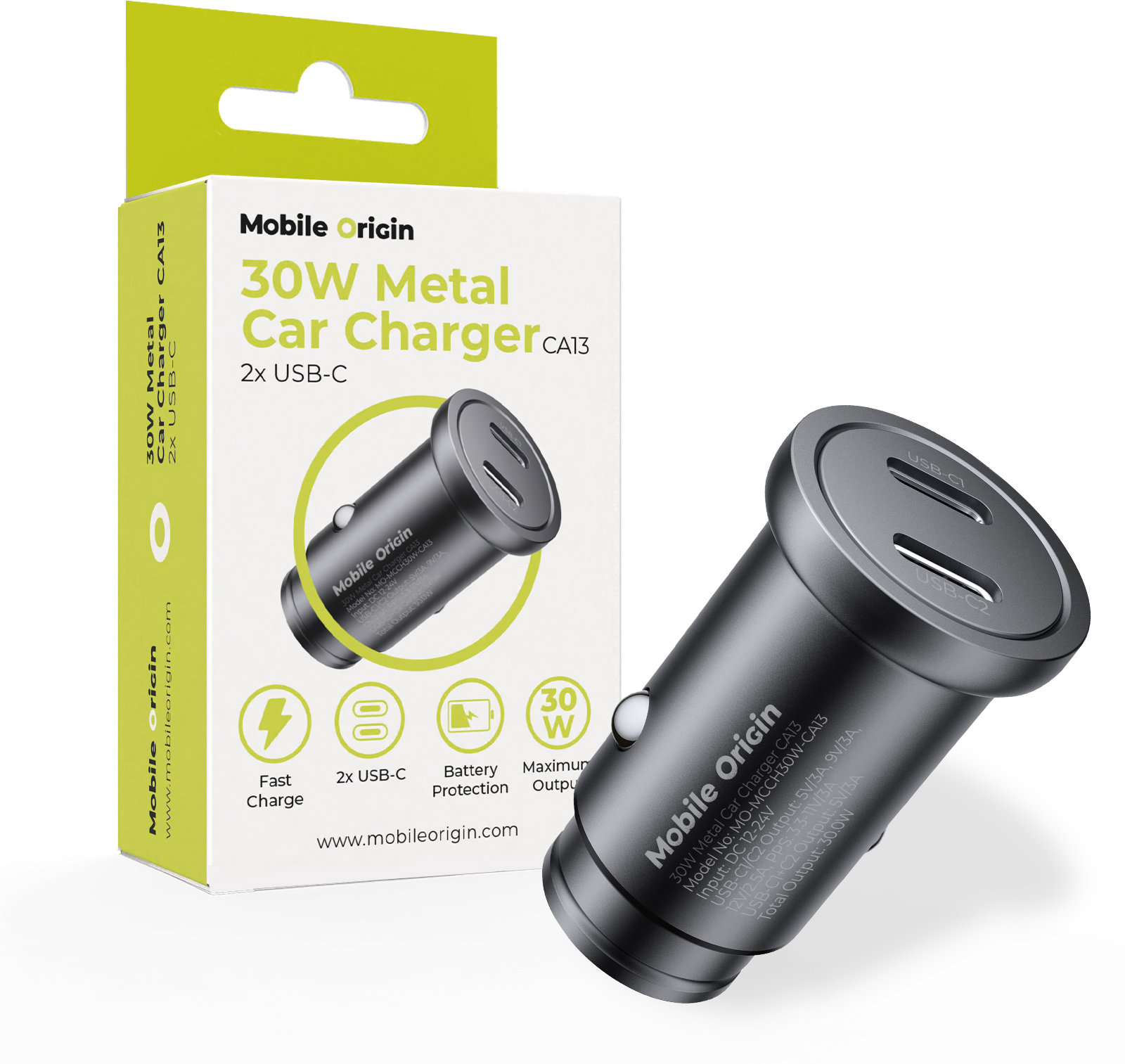 Mobile Origin Metal Car Charger 30 W, CA13 2× USB-C