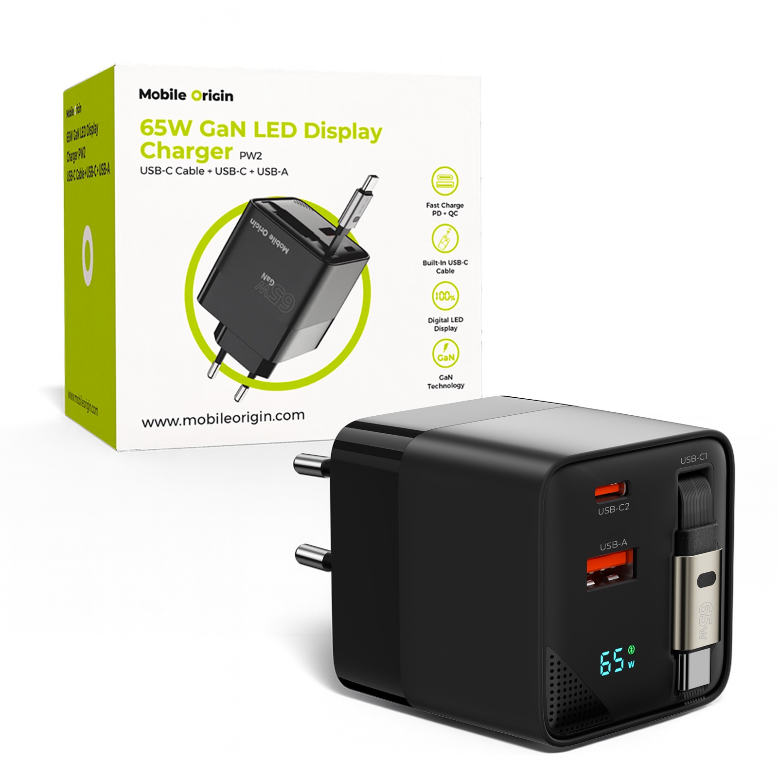 Mobile Origin 65 W GaN Display Charger PW2 – USB-C Cable + USB-C + USB-A