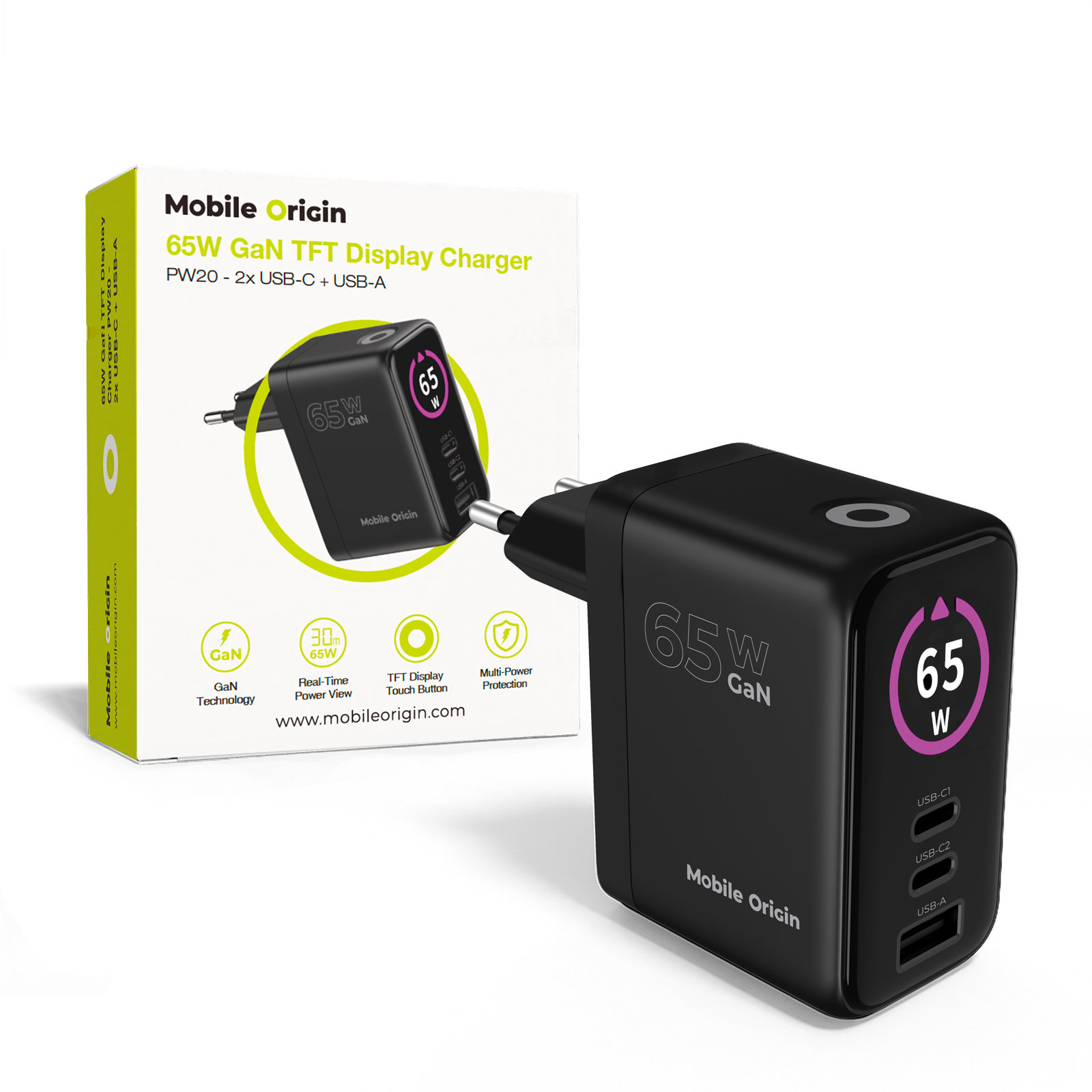 Mobile Origin 65 W GaN Display Charger PW20 – 2× USB-C + USB-A