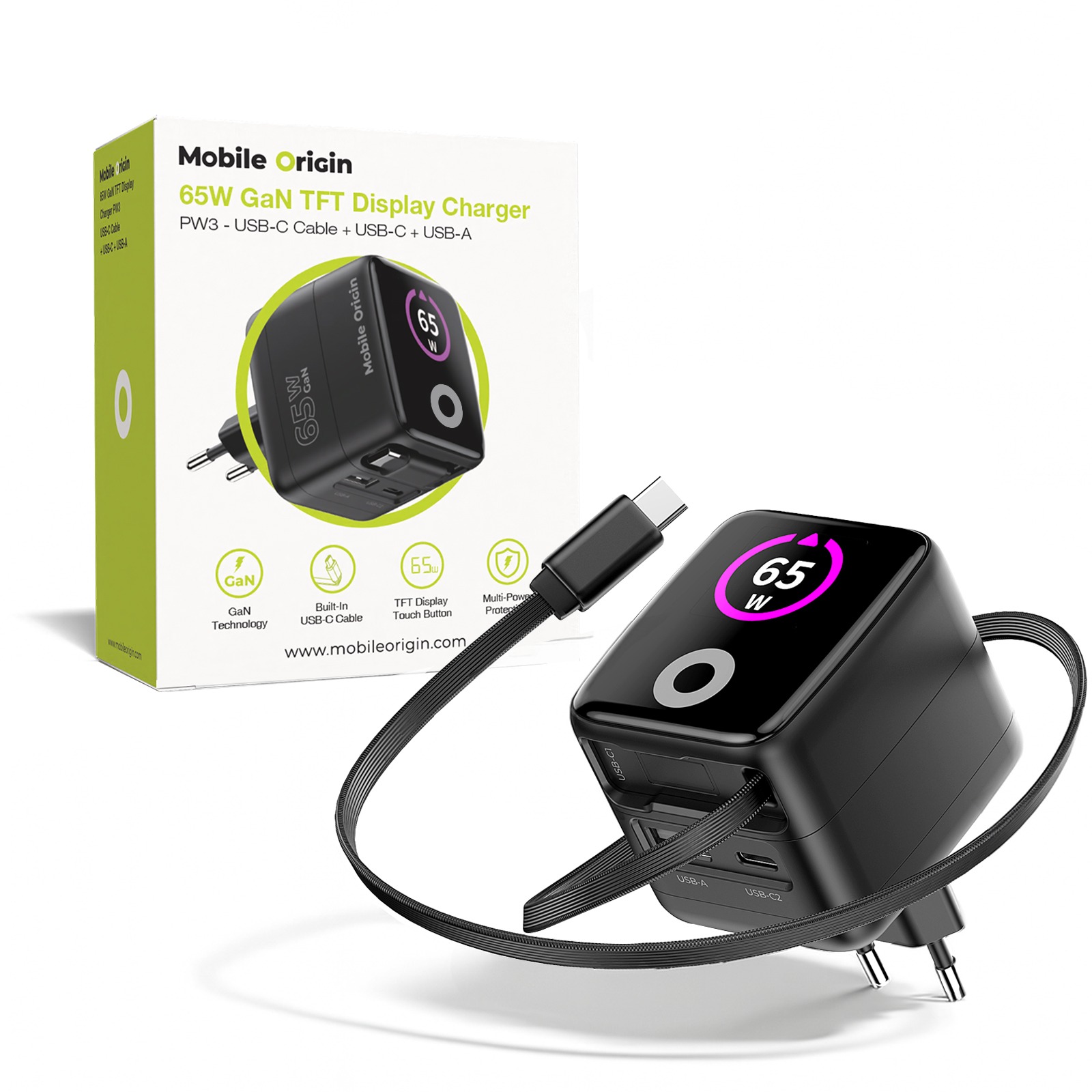 Mobile Origin 65 W GaN Display Charger PW3 – USB-C Cable + USB-C + USB-A