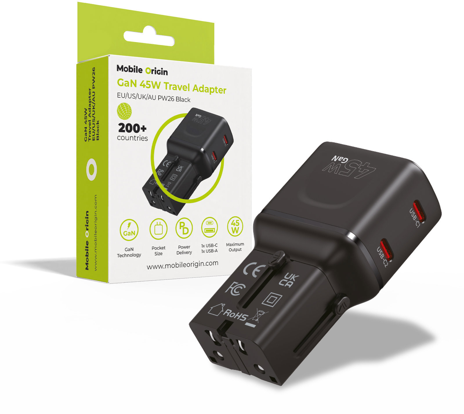 Mobile Origin GaN 45 W Travel Adapter, EU/US/UK/AU PW26 Black