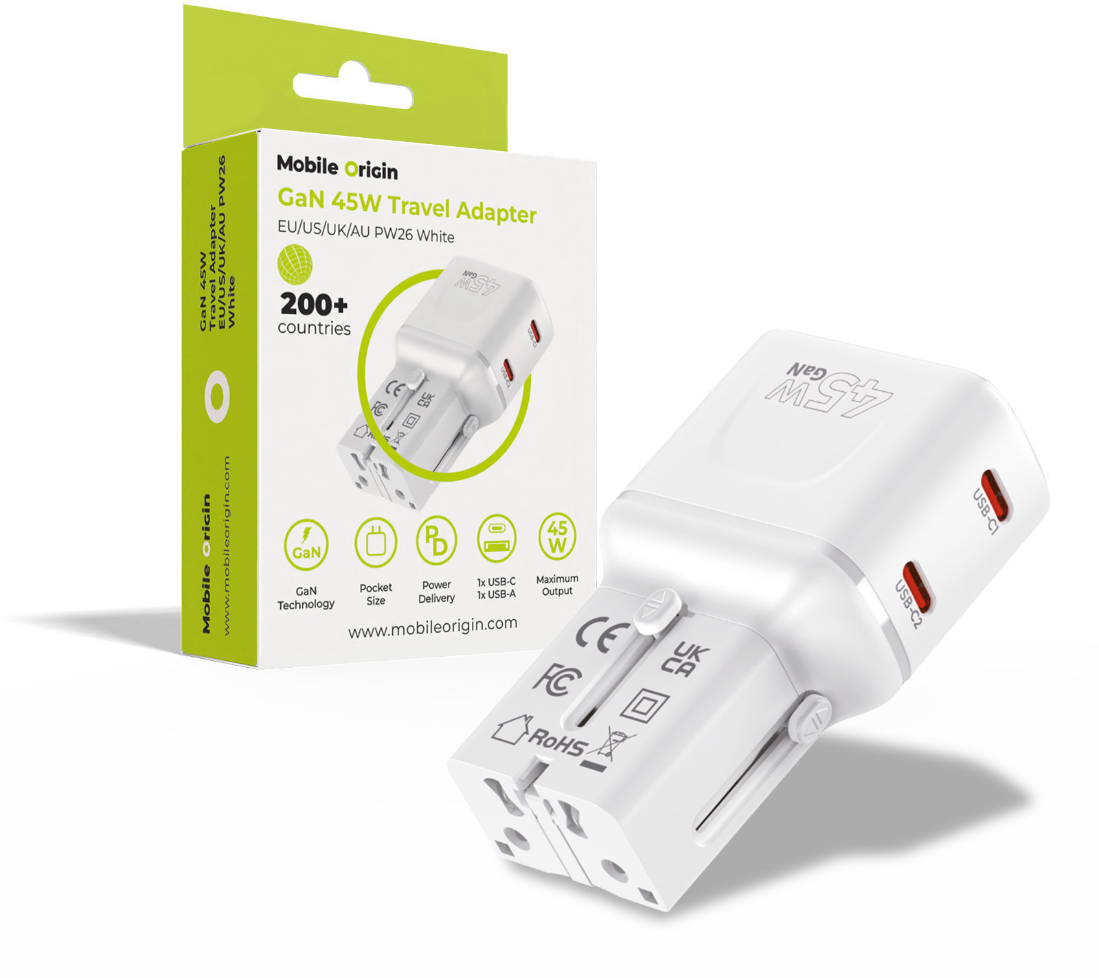 Mobilný Origin GaN 45 W Travel Adapter, EU/US/UK/AU PW26 White
