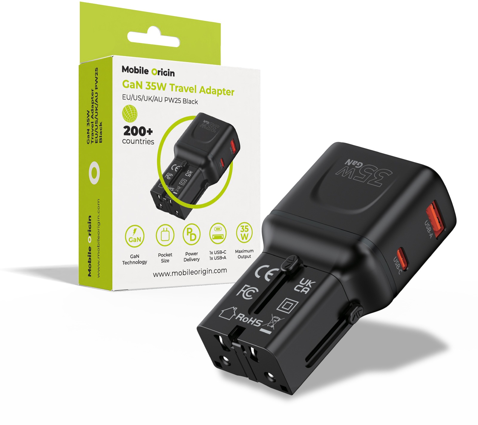 Mobile Origin GaN 35 W Travel Adapter, EU/US/UK/AU PW25 Black