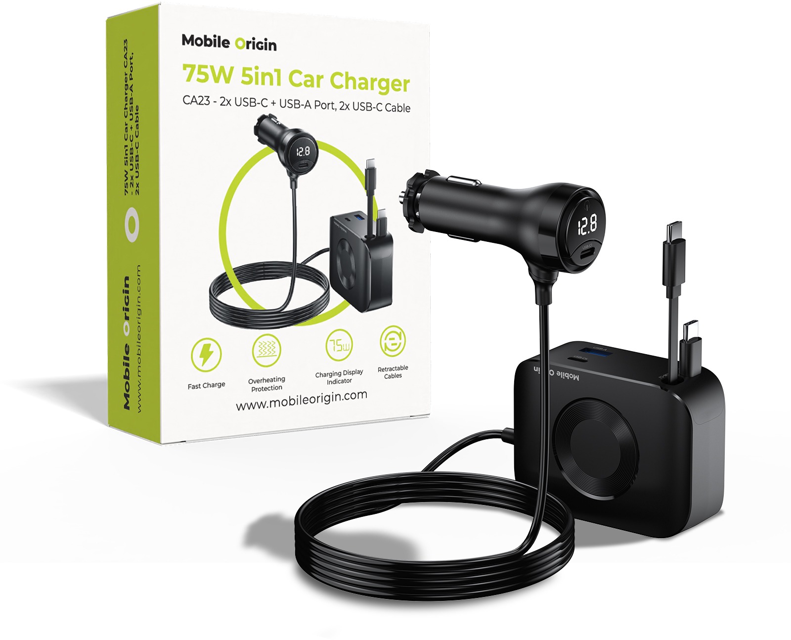 Mobile Origin 75 W 5 in 1 Car Charger CA23 – 2× USB-C + USB-A Port, 2× USB-C Cable