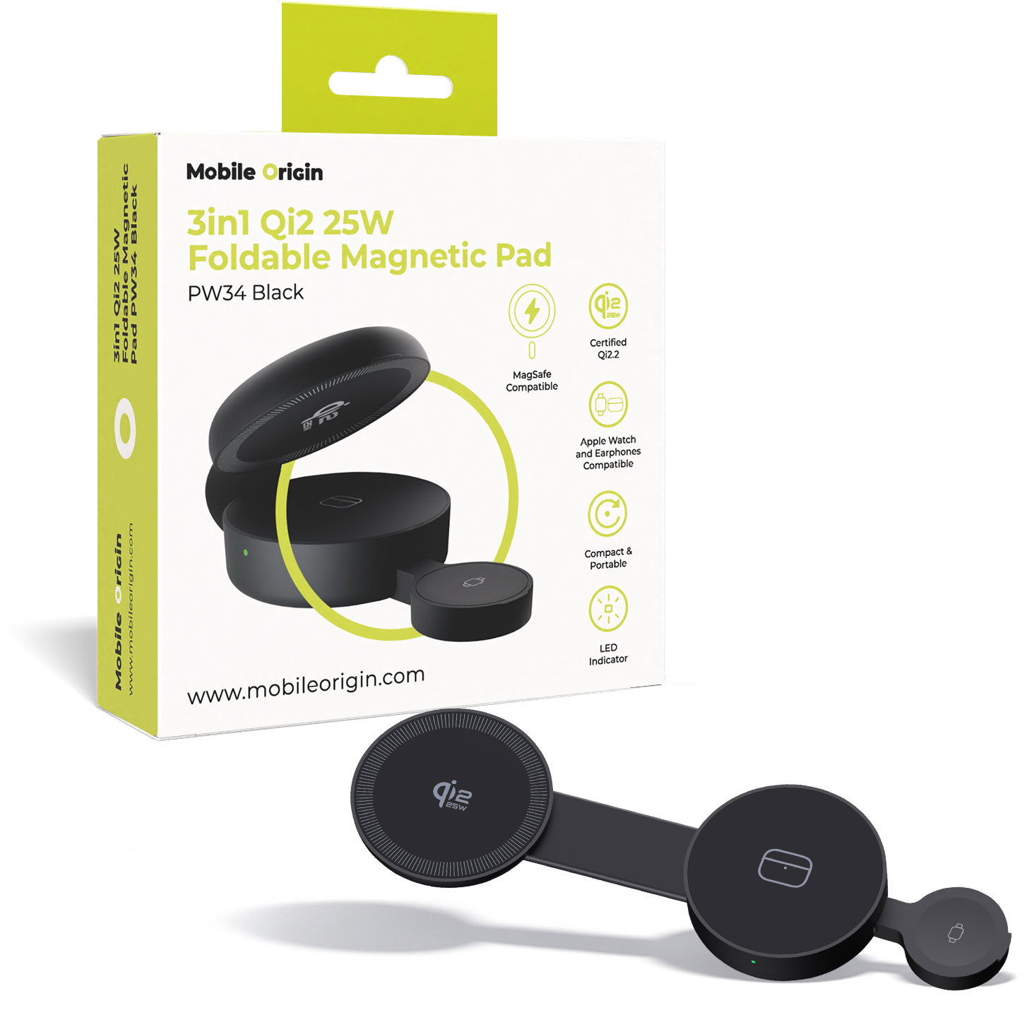 Mobile Origin 3in1 Qi2 25W Foldable Magnetic Pad PW34 Black