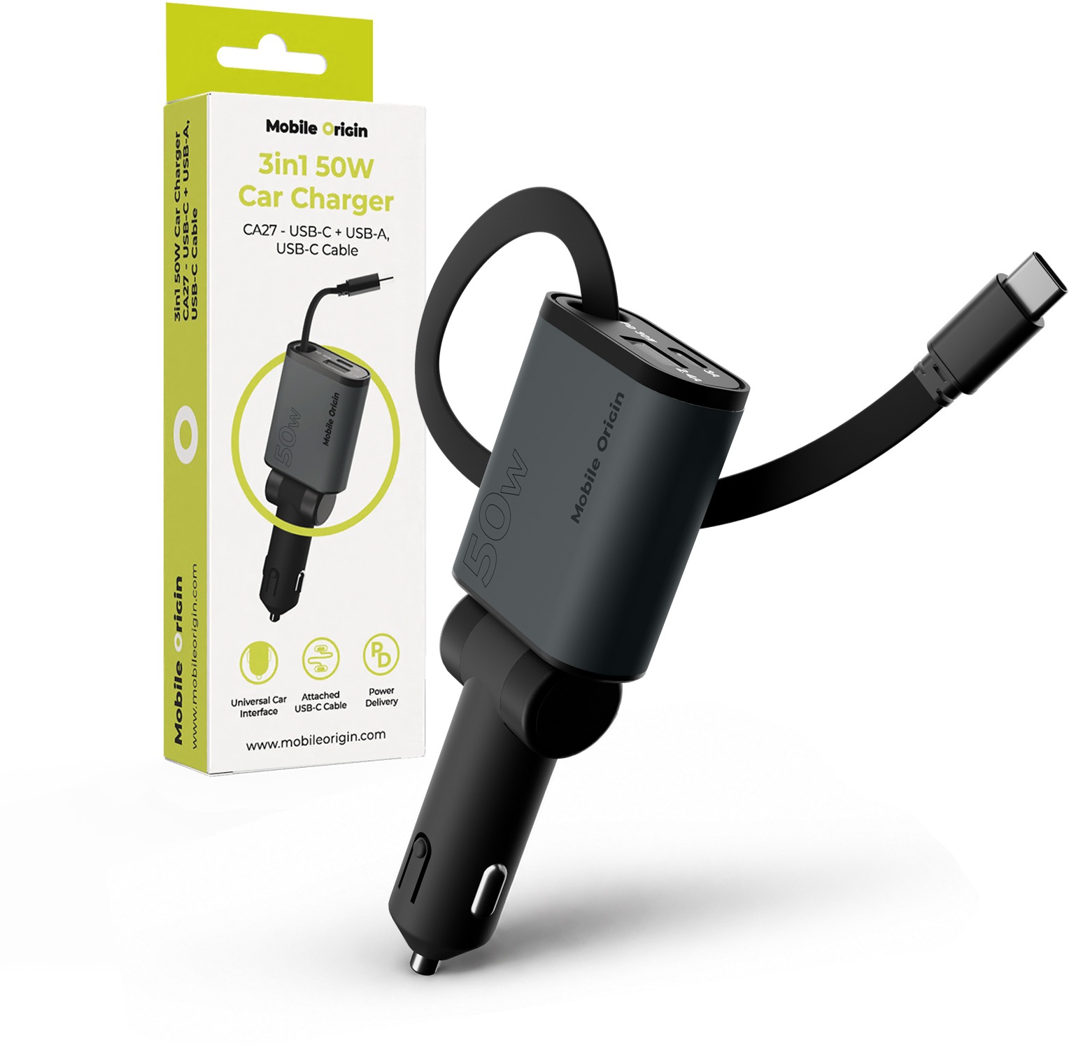 Mobile Origin 3in1 50W Car Charger CA27 USB-C + USB-A USB-C Cable