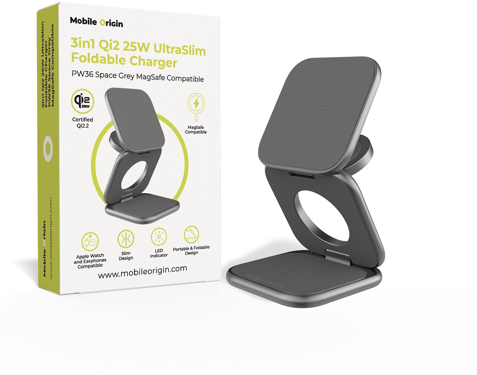 Mobile Origin 3in1 Qi2 25 W UltraSlim Foldable Charger PW36 MagSafe Compatible Space Grey